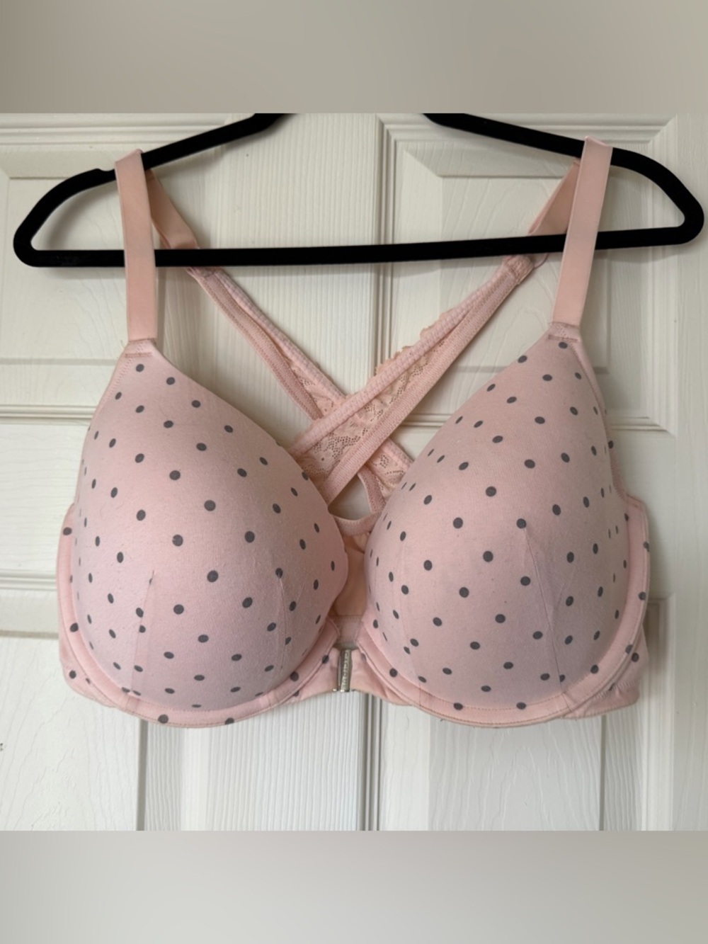 Cacique Boost Plunge Light Pink Polka Dot Lace-Back Front Clasp Bra - 38F